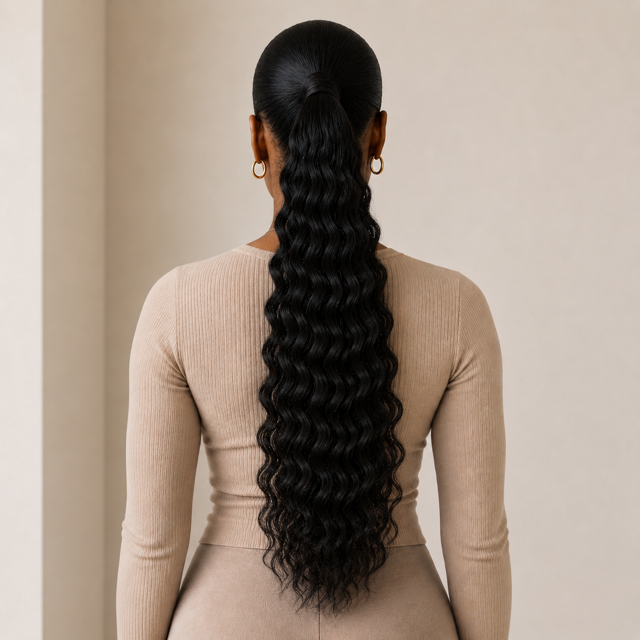 Rich Black Deep Wave Premium Drawstring Ponytail Extension