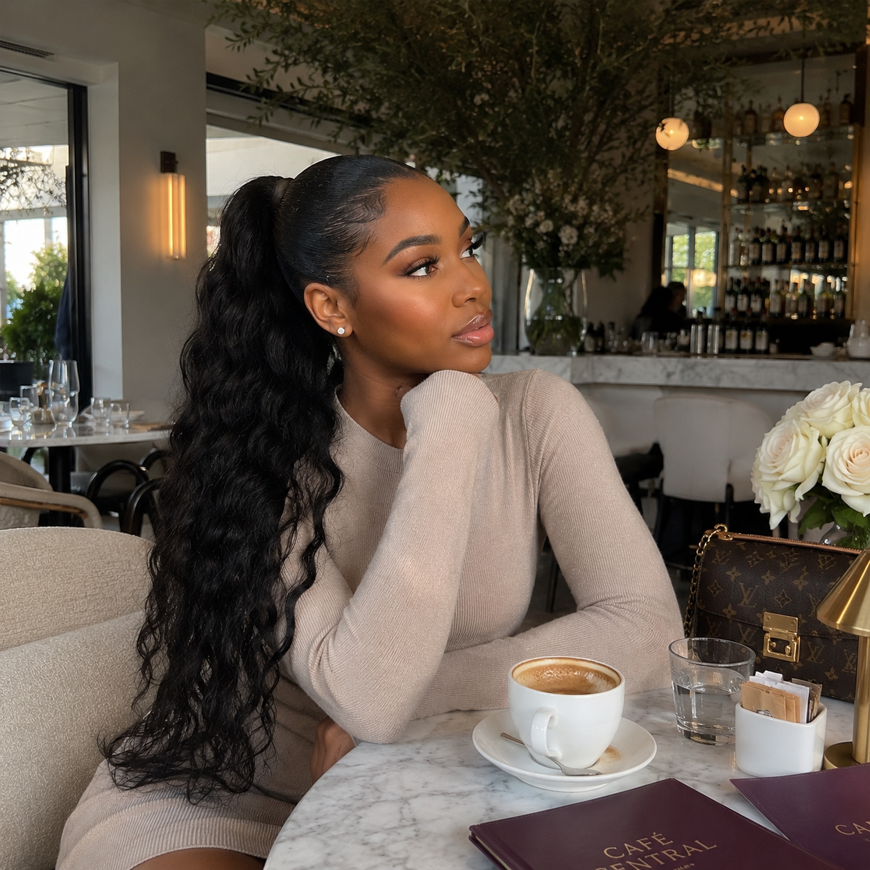 Rich Black Deep Wave Premium Drawstring Ponytail Extension